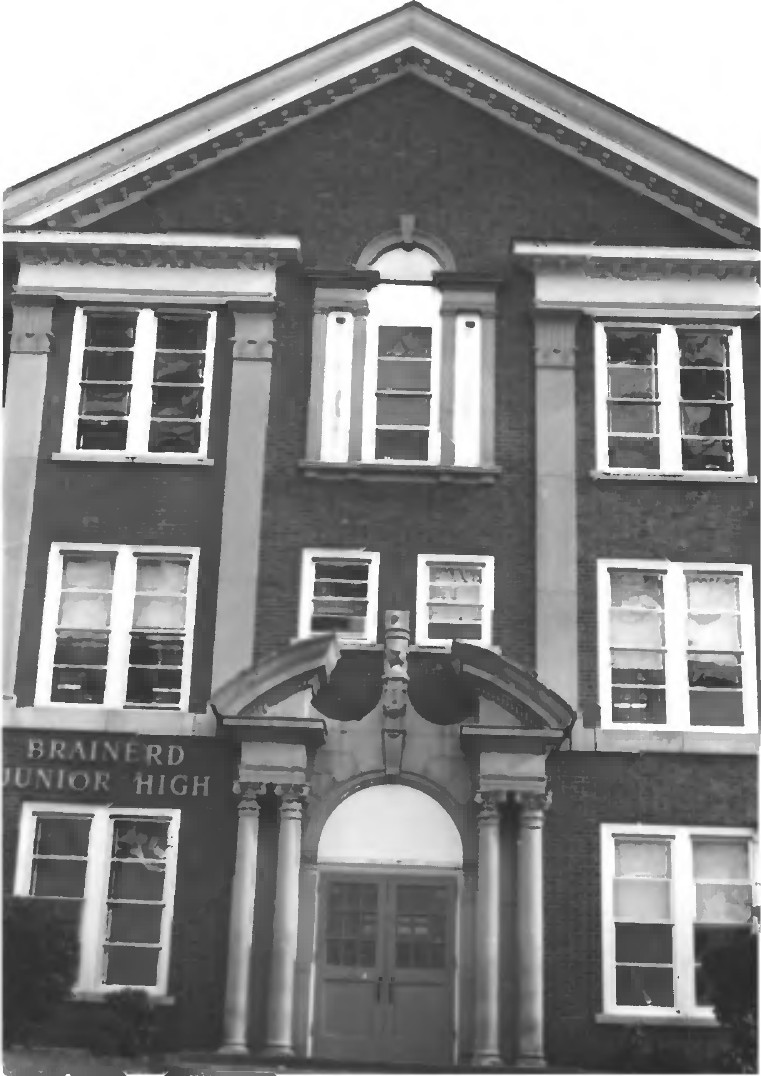 1979 black-and-white photo of the school's main entrance