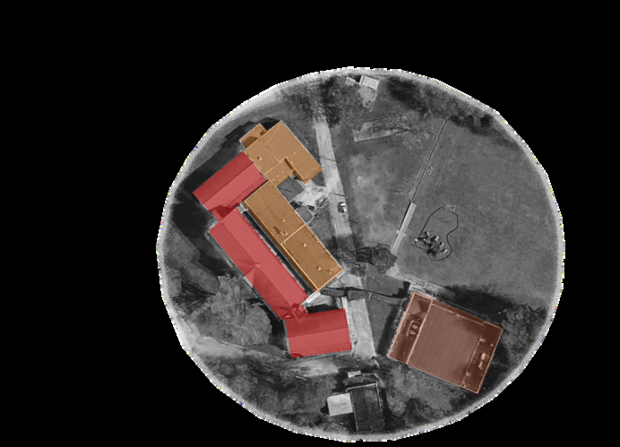 Diagram identifying the original school, 1960s addition, and newer gym